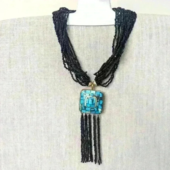 Banana Republic Black Glass Beads Necklace with Aqua Pendant & Bracelet Set- New - Picture 1 of 4